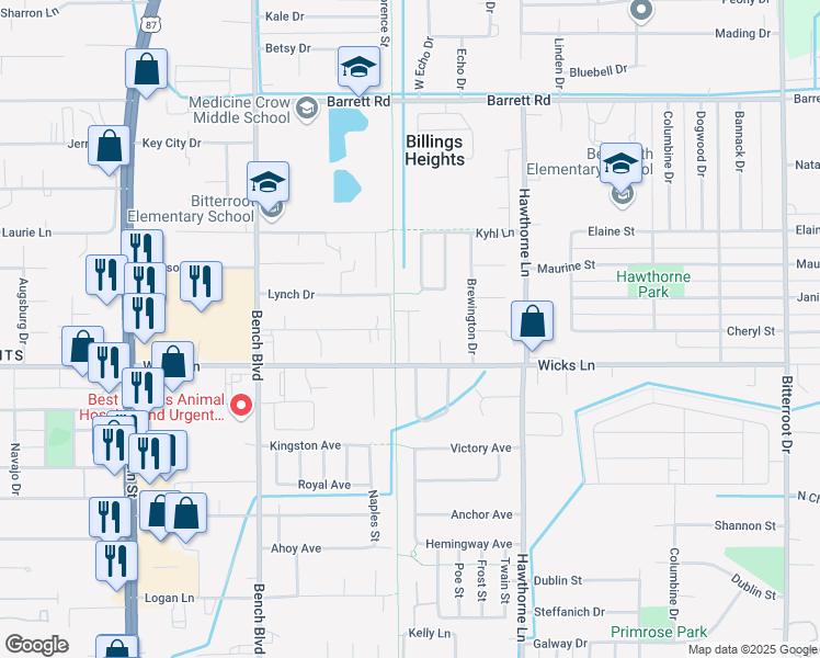 map of restaurants, bars, coffee shops, grocery stores, and more near Kiwanis Trail in Billings