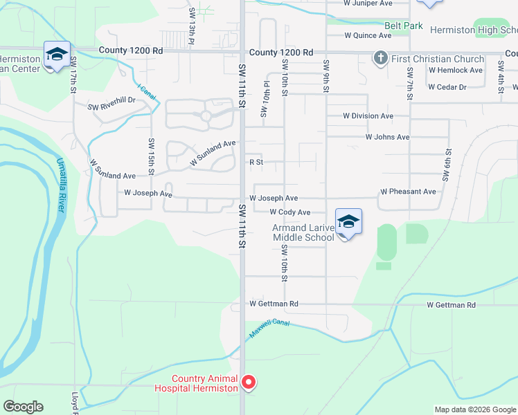map of restaurants, bars, coffee shops, grocery stores, and more near 1035 West Cody Avenue in Hermiston