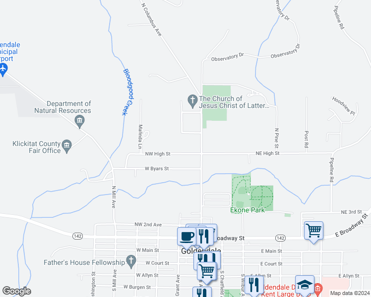 map of restaurants, bars, coffee shops, grocery stores, and more near 130 Northwest High Street in Goldendale