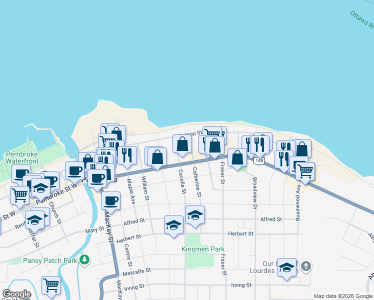 map of restaurants, bars, coffee shops, grocery stores, and more near 170 Catherine Street in Pembroke