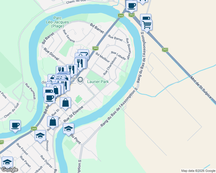 map of restaurants, bars, coffee shops, grocery stores, and more near 154 Rue Saint Étienne in L'Assomption