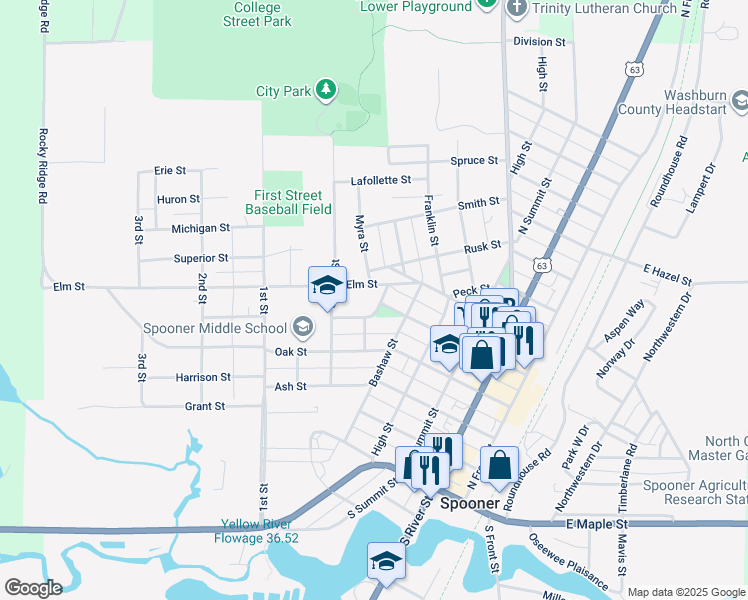 map of restaurants, bars, coffee shops, grocery stores, and more near 513 Dale Street in Spooner