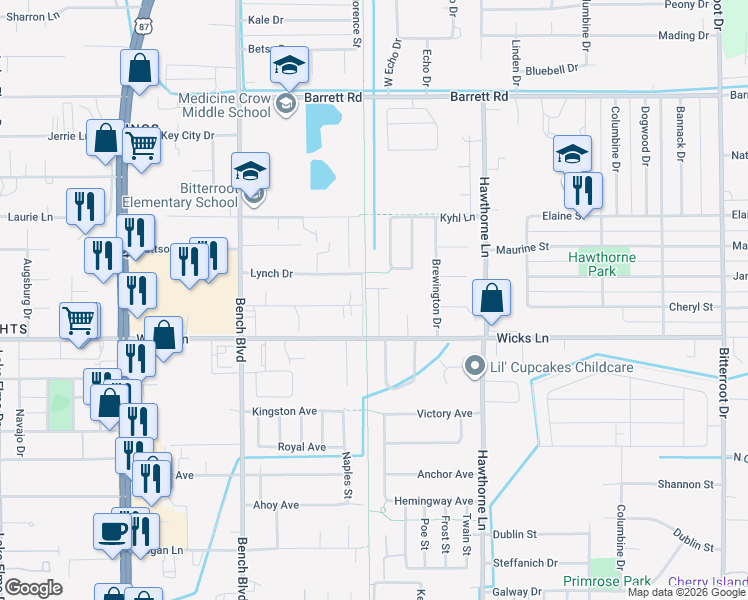 map of restaurants, bars, coffee shops, grocery stores, and more near Kiwanis Trail in Billings