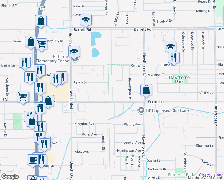 map of restaurants, bars, coffee shops, grocery stores, and more near Kiwanis Trail in Billings