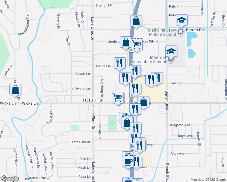 map of restaurants, bars, coffee shops, grocery stores, and more near 1625 Augsburg Drive A in Billings
