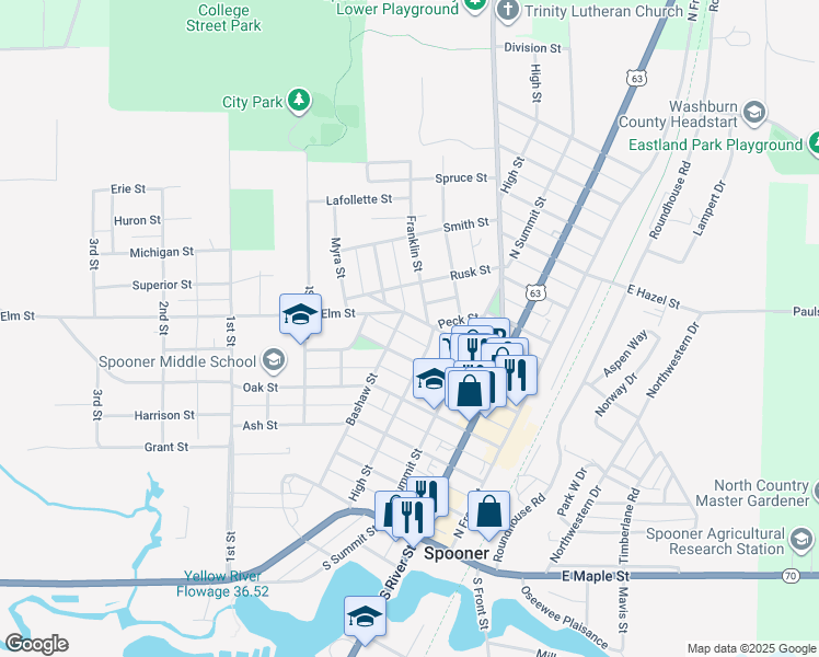 map of restaurants, bars, coffee shops, grocery stores, and more near 414 Walnut Street in Spooner