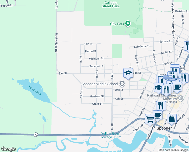 map of restaurants, bars, coffee shops, grocery stores, and more near 1021 Lincoln Street in Spooner