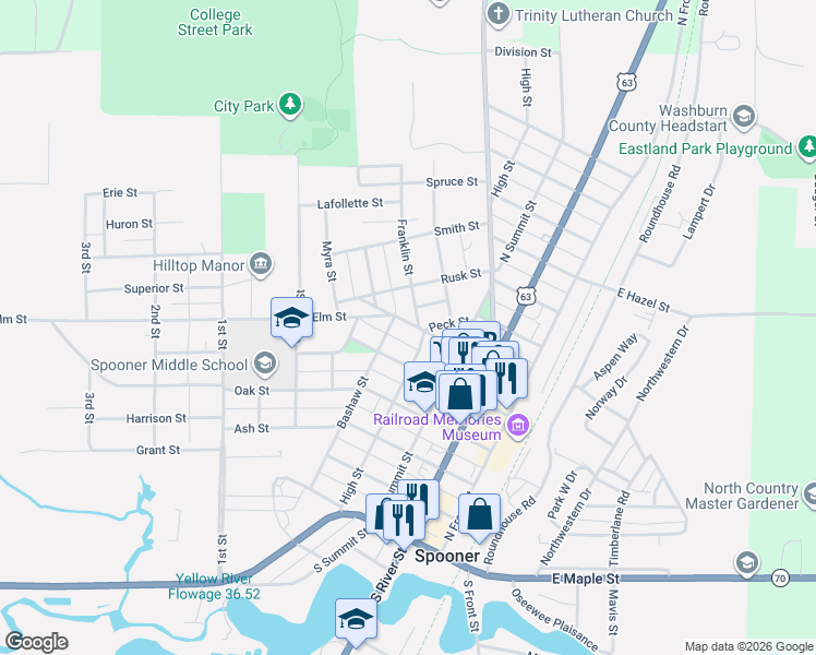 map of restaurants, bars, coffee shops, grocery stores, and more near 418 Walnut Street in Spooner