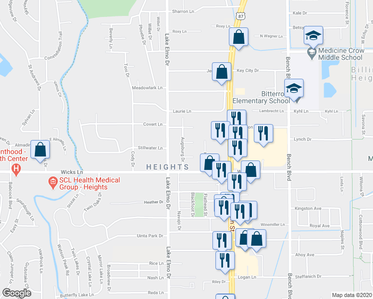 map of restaurants, bars, coffee shops, grocery stores, and more near 1641 Augsburg Drive in Billings