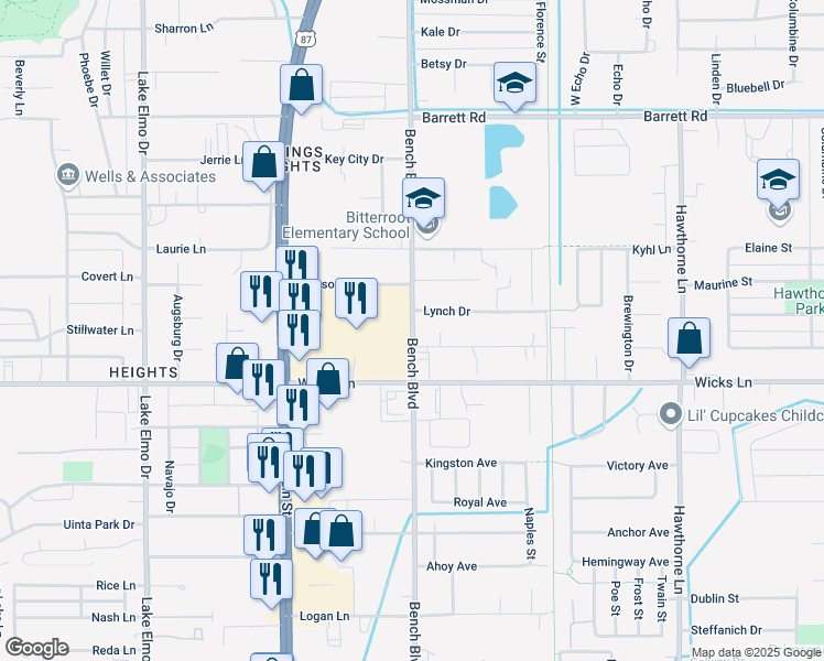 map of restaurants, bars, coffee shops, grocery stores, and more near 1674 Bench Boulevard in Billings