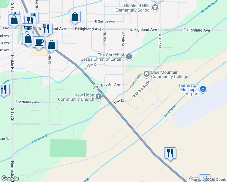 map of restaurants, bars, coffee shops, grocery stores, and more near 34 Southeast 8th Place in Hermiston