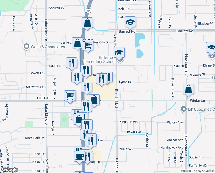map of restaurants, bars, coffee shops, grocery stores, and more near 1649 Main Street in Billings
