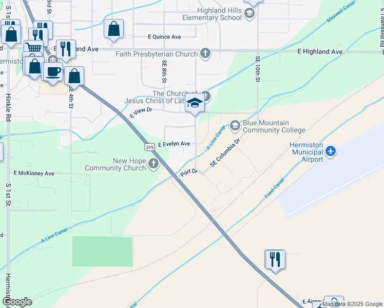 map of restaurants, bars, coffee shops, grocery stores, and more near 34 Southeast 8th Place in Hermiston