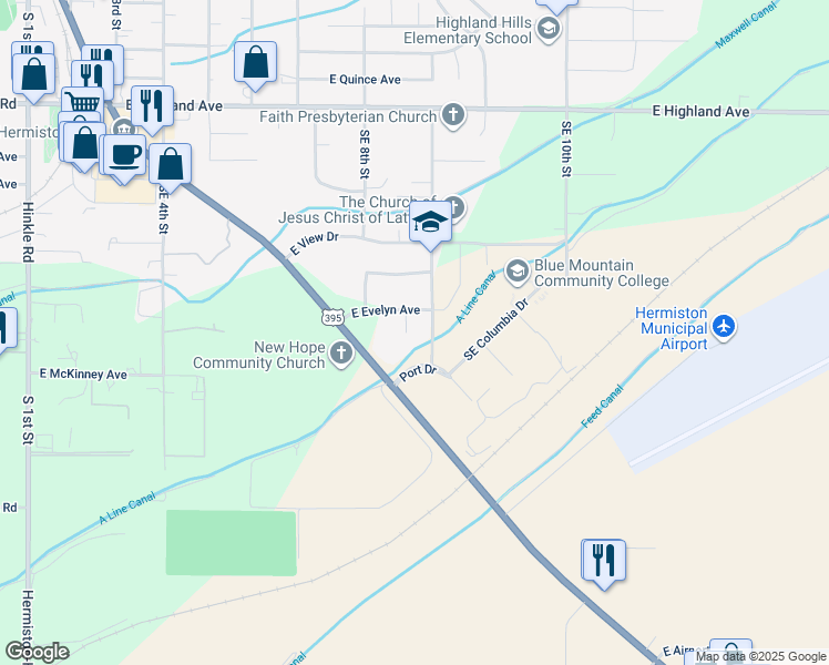 map of restaurants, bars, coffee shops, grocery stores, and more near 34 Southeast 8th Place in Hermiston