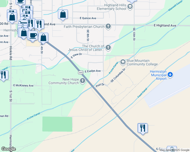 map of restaurants, bars, coffee shops, grocery stores, and more near 34 Southeast 8th Place in Hermiston