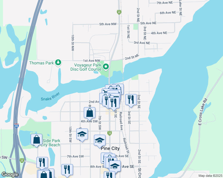 map of restaurants, bars, coffee shops, grocery stores, and more near 30 Main Street South in Pine City