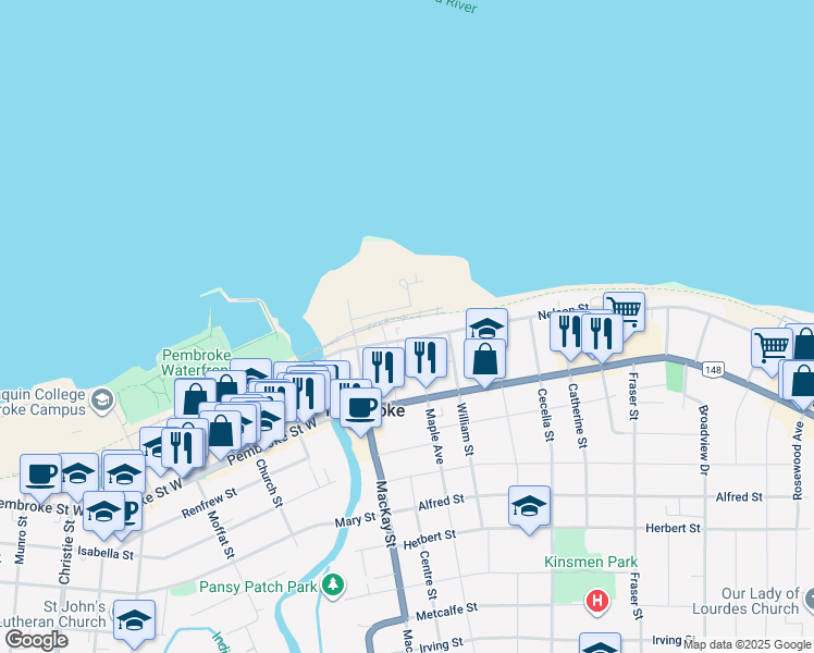 map of restaurants, bars, coffee shops, grocery stores, and more near 202 Joseph Street in Pembroke