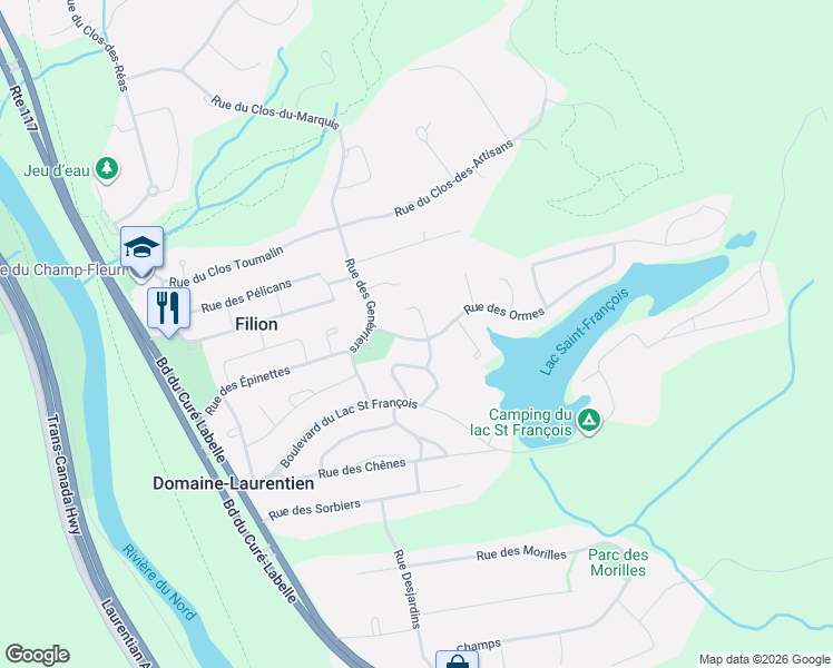 map of restaurants, bars, coffee shops, grocery stores, and more near 1298 Rue des Ormes in Prévost