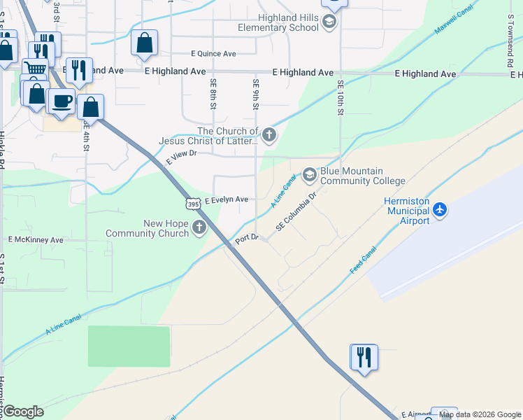 map of restaurants, bars, coffee shops, grocery stores, and more near 1327 Southeast 9th Street in Hermiston