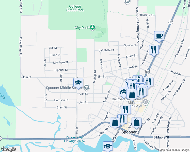 map of restaurants, bars, coffee shops, grocery stores, and more near 610 College St in Spooner