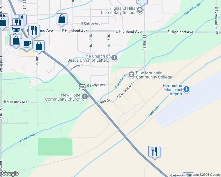 map of restaurants, bars, coffee shops, grocery stores, and more near 1327 Southeast 9th Street in Hermiston