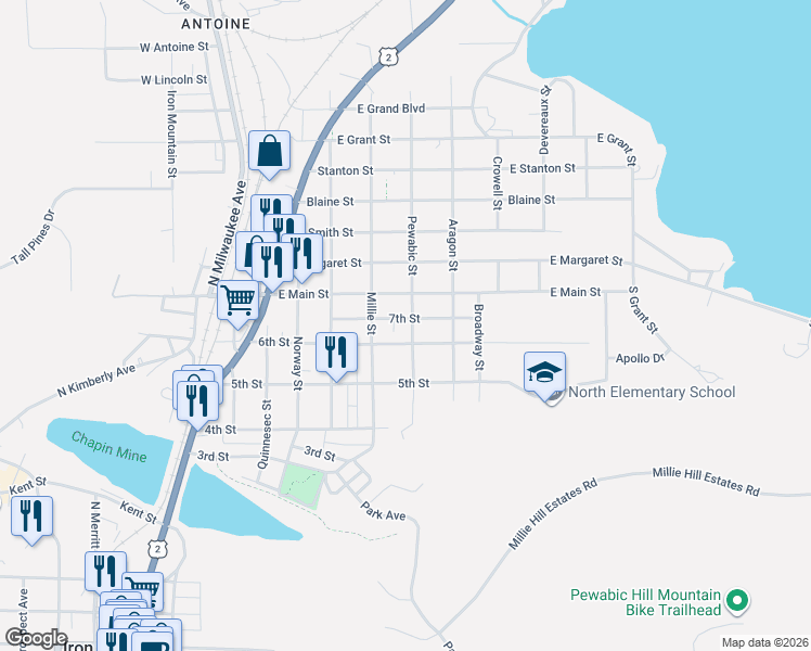 map of restaurants, bars, coffee shops, grocery stores, and more near 602 7th Street in Iron Mountain
