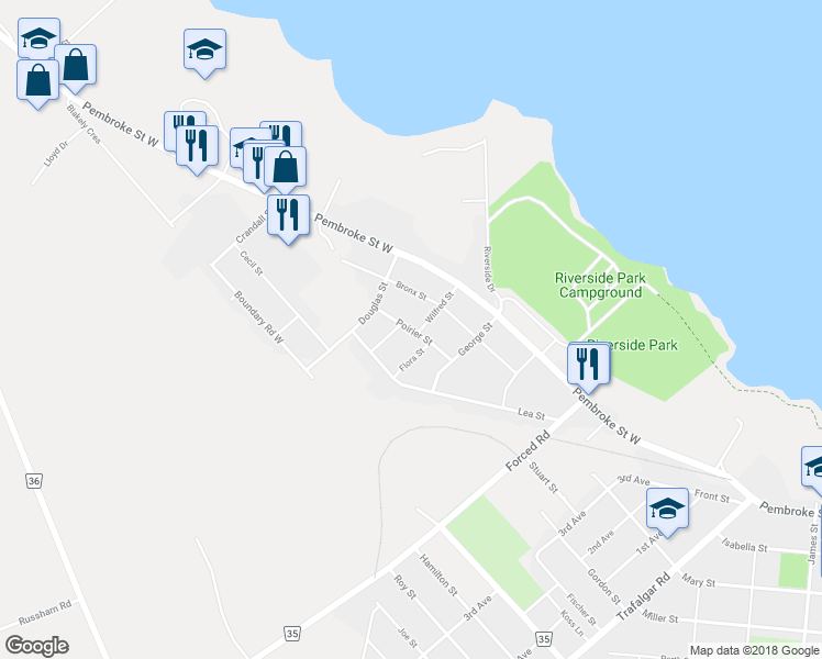 map of restaurants, bars, coffee shops, grocery stores, and more near 1071 Poirier Street in Pembroke