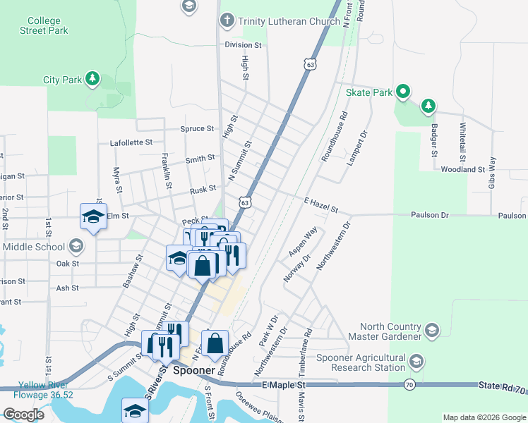 map of restaurants, bars, coffee shops, grocery stores, and more near 110 Cedar Street in Spooner