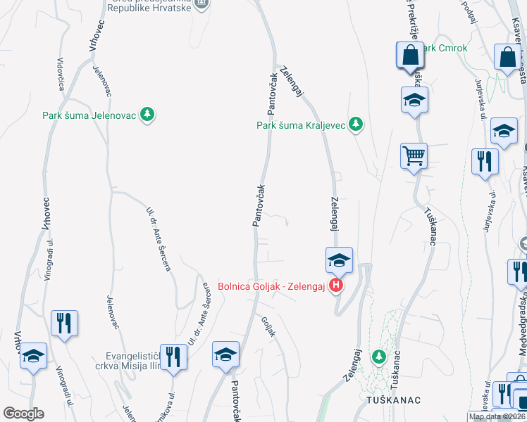 map of restaurants, bars, coffee shops, grocery stores, and more near 160 Pantovčak ulica in Zagreb