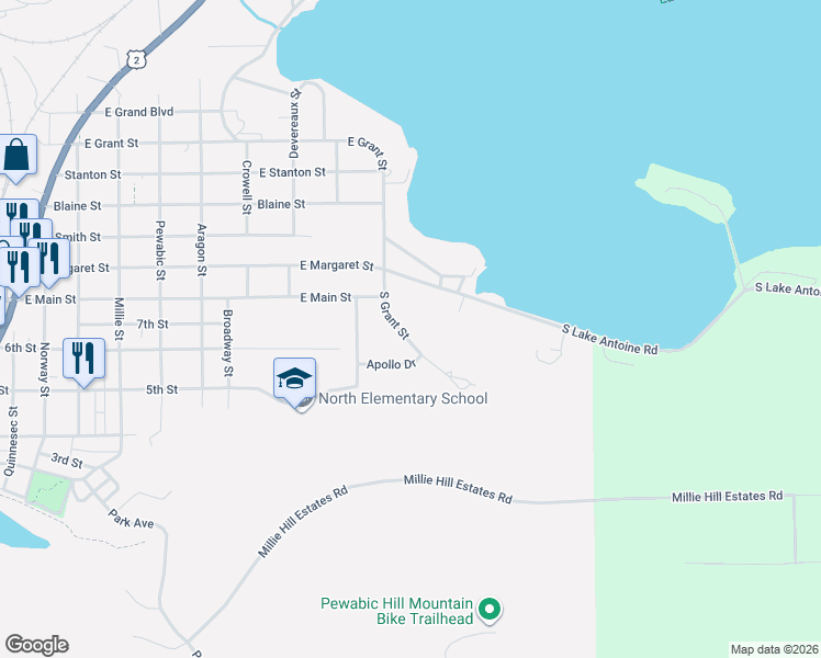 map of restaurants, bars, coffee shops, grocery stores, and more near 1506 South Grant Street in Iron Mountain