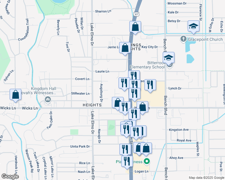 map of restaurants, bars, coffee shops, grocery stores, and more near 1644 Kelby Drive in Billings