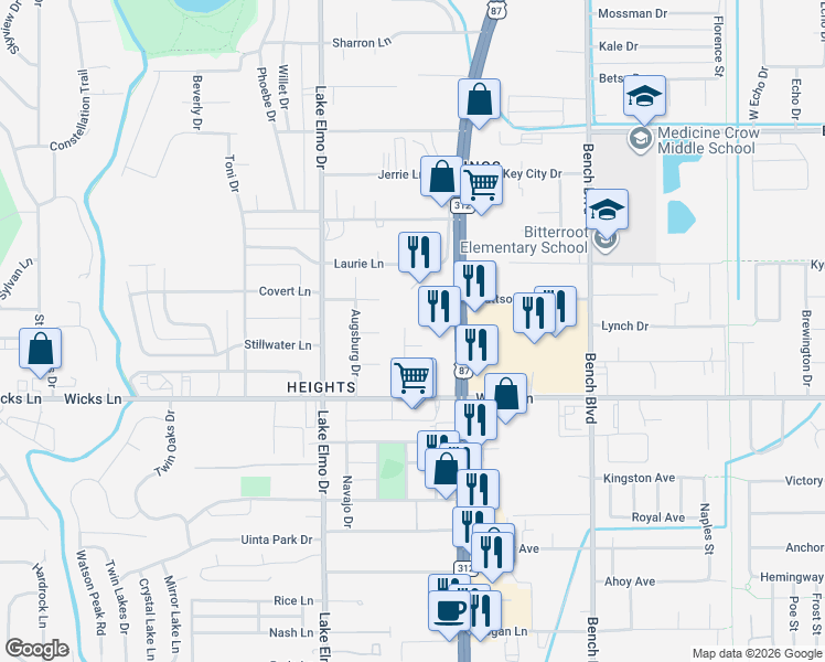 map of restaurants, bars, coffee shops, grocery stores, and more near 1651 Kelby Drive in Billings
