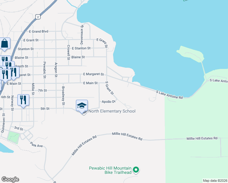 map of restaurants, bars, coffee shops, grocery stores, and more near 1506 South Grant Street in Iron Mountain