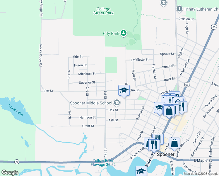 map of restaurants, bars, coffee shops, grocery stores, and more near 814 Elm Street in Spooner