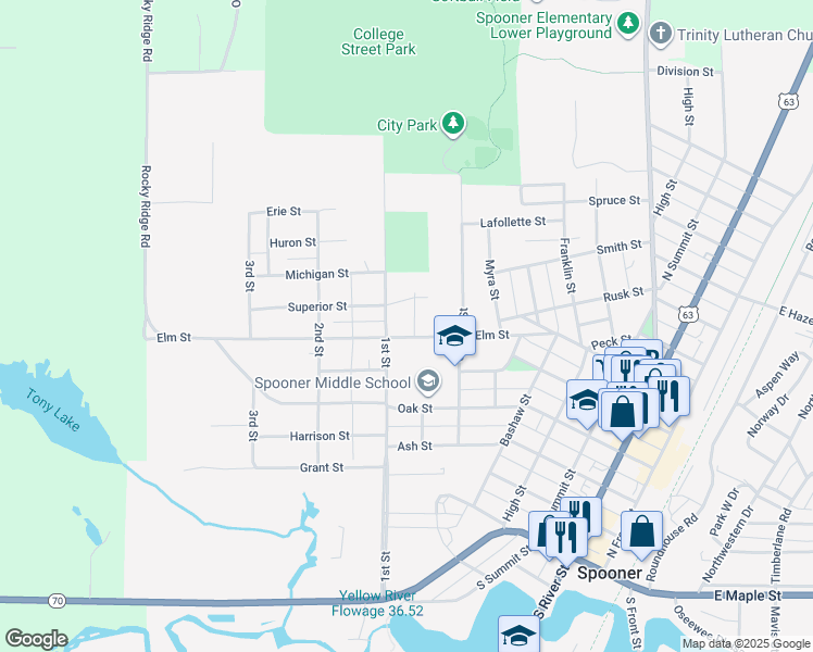 map of restaurants, bars, coffee shops, grocery stores, and more near 812 Elm Street in Spooner