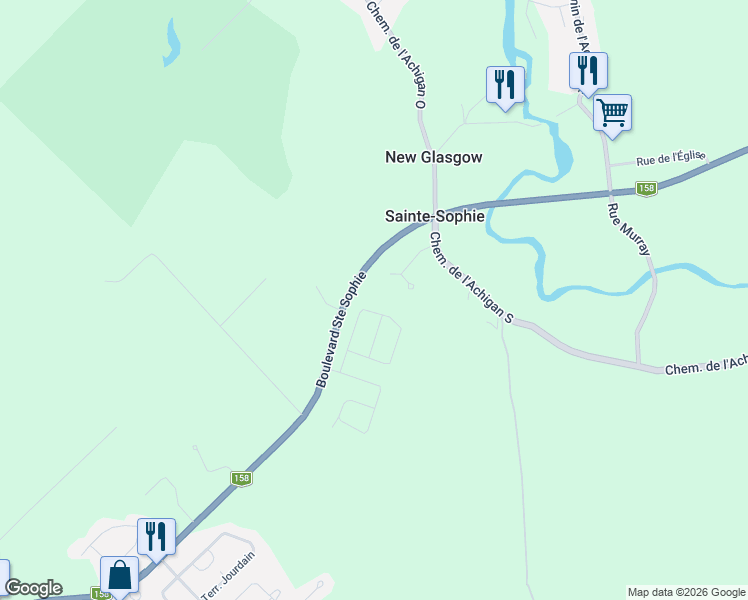 map of restaurants, bars, coffee shops, grocery stores, and more near 134 Rue Des Champs-Fleuris in Sainte-Sophie