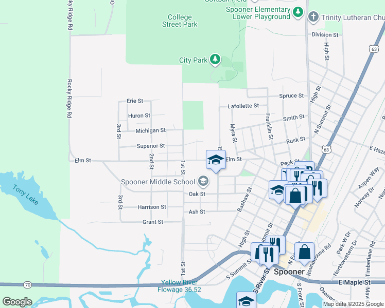 map of restaurants, bars, coffee shops, grocery stores, and more near 812 Elm Street in Spooner