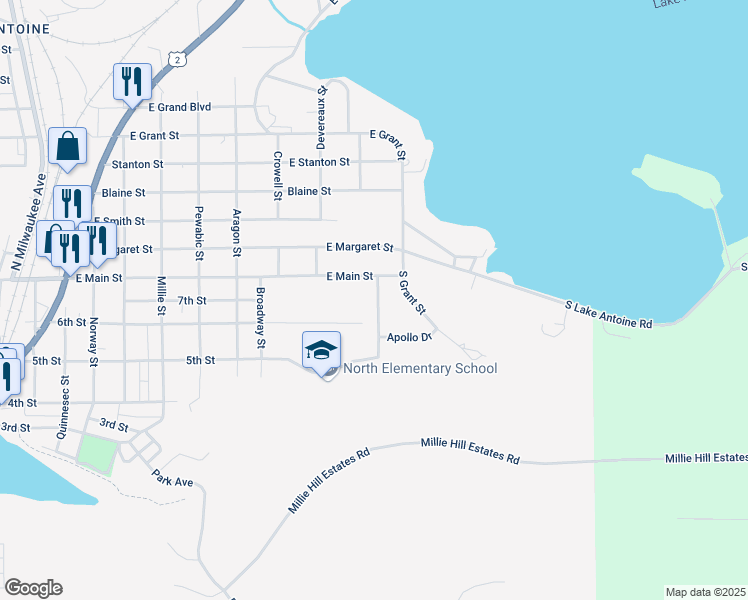 map of restaurants, bars, coffee shops, grocery stores, and more near 615 Kennedy Road in Iron Mountain