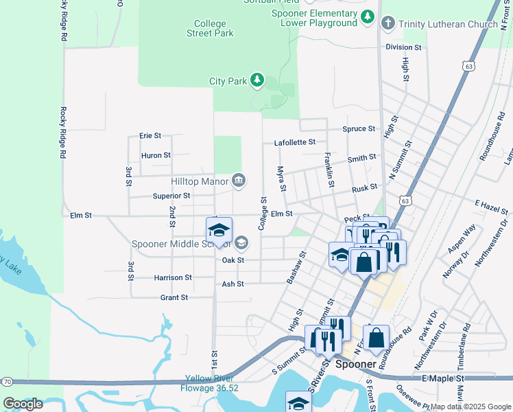 map of restaurants, bars, coffee shops, grocery stores, and more near 780 Elm Street in Spooner