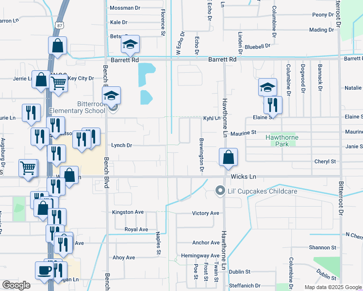 map of restaurants, bars, coffee shops, grocery stores, and more near 1020 Claremore Lane in Billings