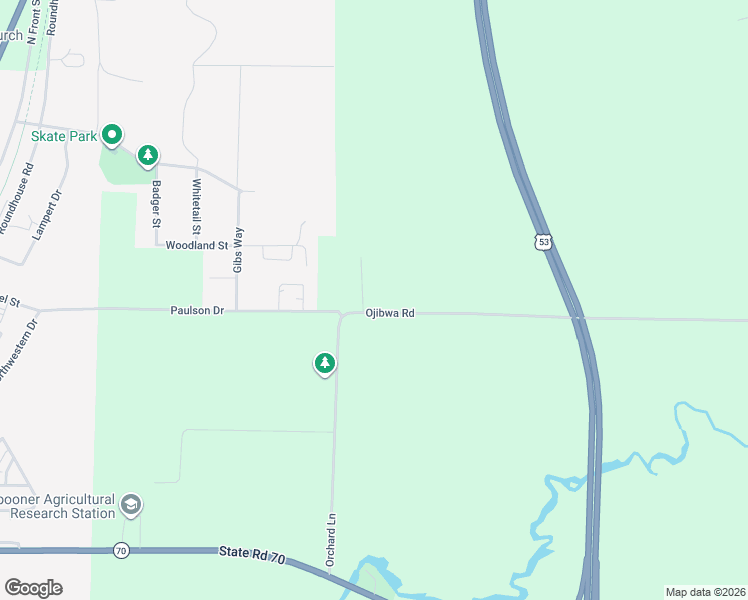 map of restaurants, bars, coffee shops, grocery stores, and more near W6498 Ojibwa Road in Spooner