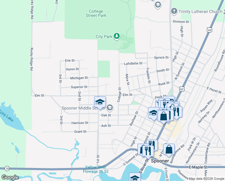 map of restaurants, bars, coffee shops, grocery stores, and more near 780 Elm Street in Spooner