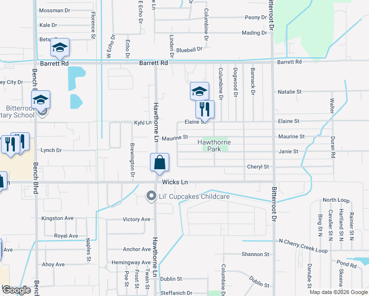 map of restaurants, bars, coffee shops, grocery stores, and more near 1309 Janie Street in Billings