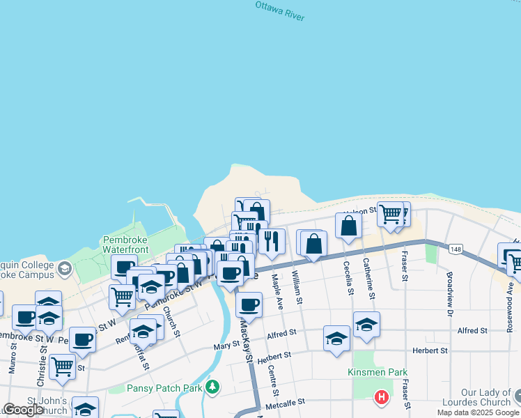 map of restaurants, bars, coffee shops, grocery stores, and more near 202 Joseph Street in Pembroke