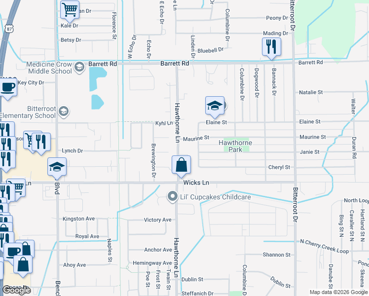 map of restaurants, bars, coffee shops, grocery stores, and more near 1707 Hawthorne Ln in Billings
