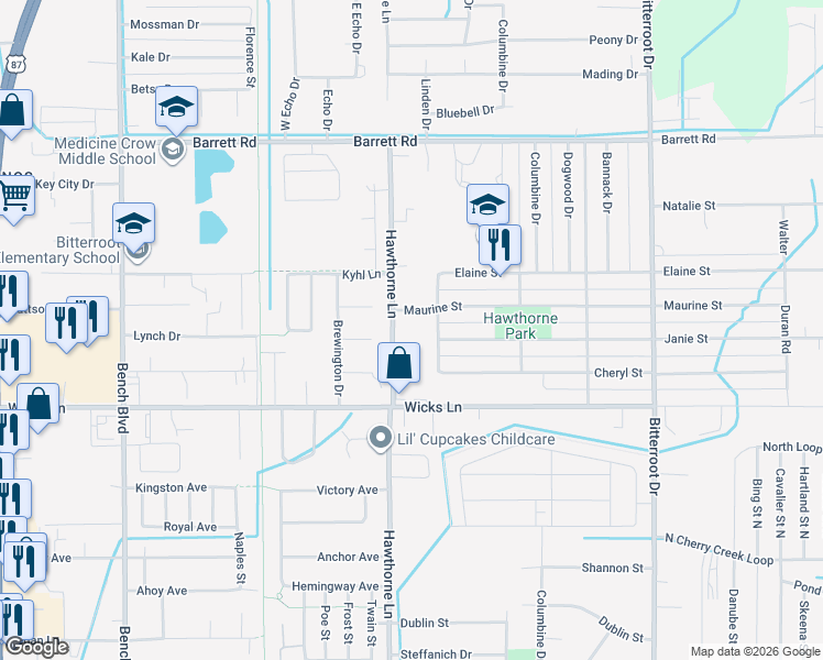 map of restaurants, bars, coffee shops, grocery stores, and more near 1707 Hawthorne Lane in Billings