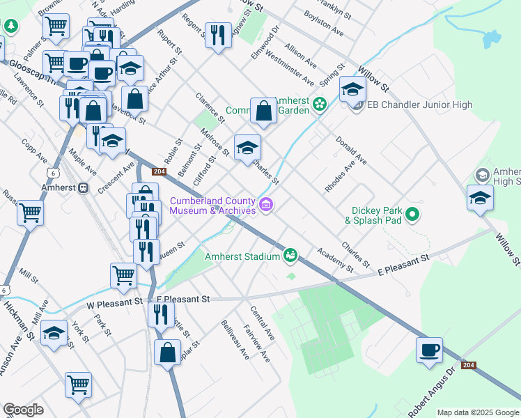 map of restaurants, bars, coffee shops, grocery stores, and more near 2 Dickey Street in Amherst