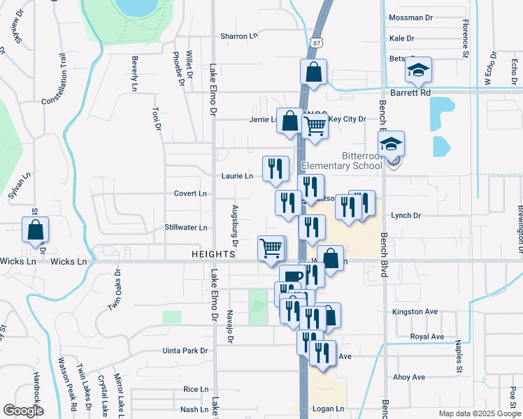 map of restaurants, bars, coffee shops, grocery stores, and more near 1657 Augsburg Drive in Billings