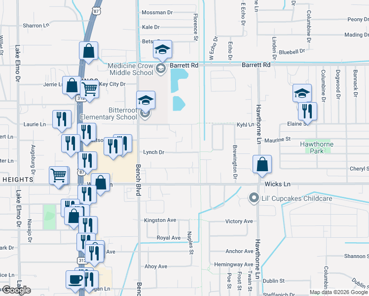 map of restaurants, bars, coffee shops, grocery stores, and more near 929 Lynch Dr in Billings