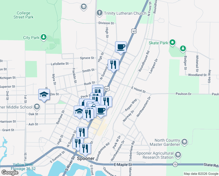 map of restaurants, bars, coffee shops, grocery stores, and more near 110 Cedar Street in Spooner